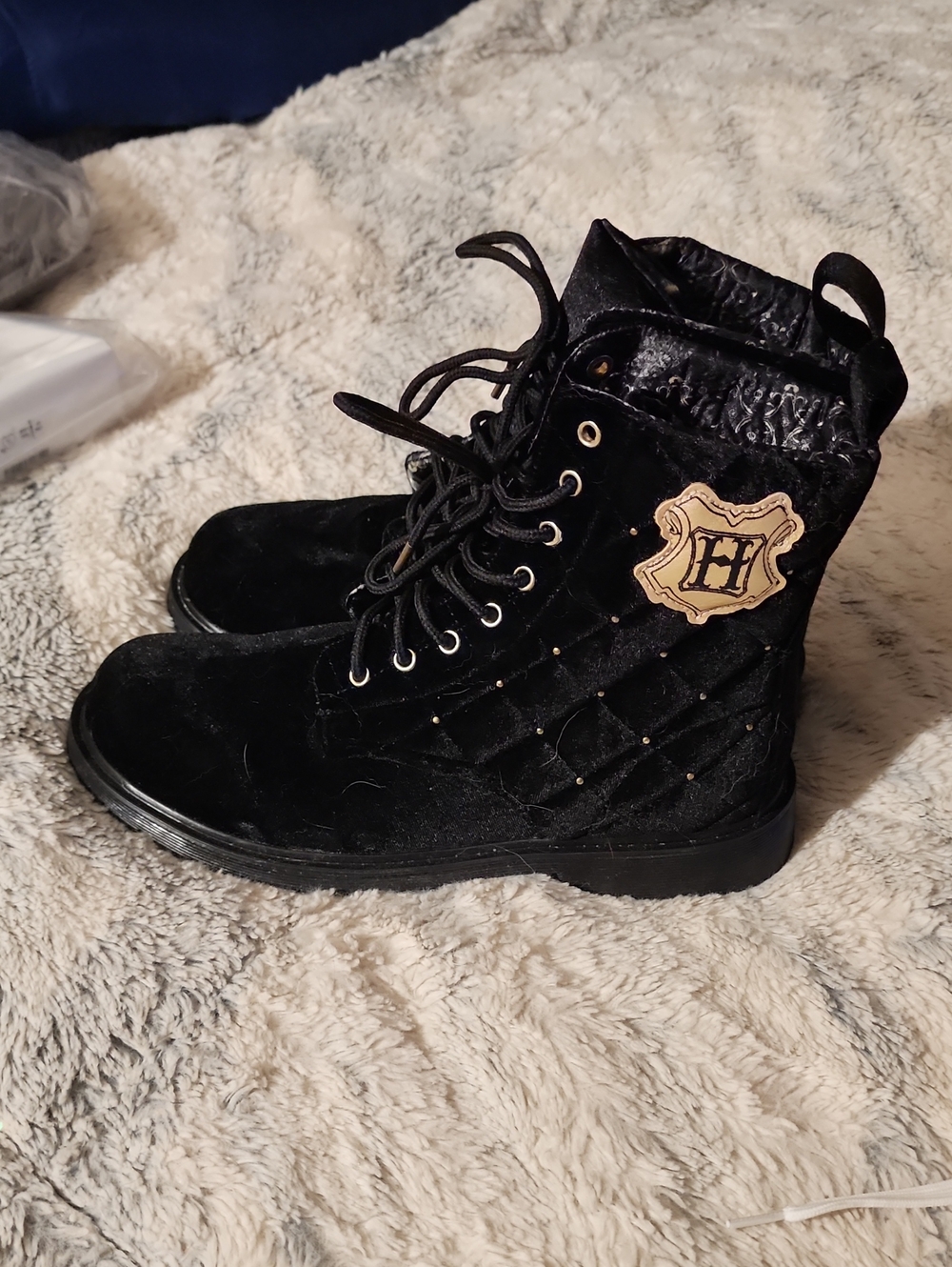 Warner Bros. Black Quilted Velvet Lace-Up Women's Boots with Gold Crest